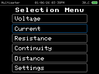 Multimeter — Selection Menu, a TFT_eSPI interface for a 320×240 display